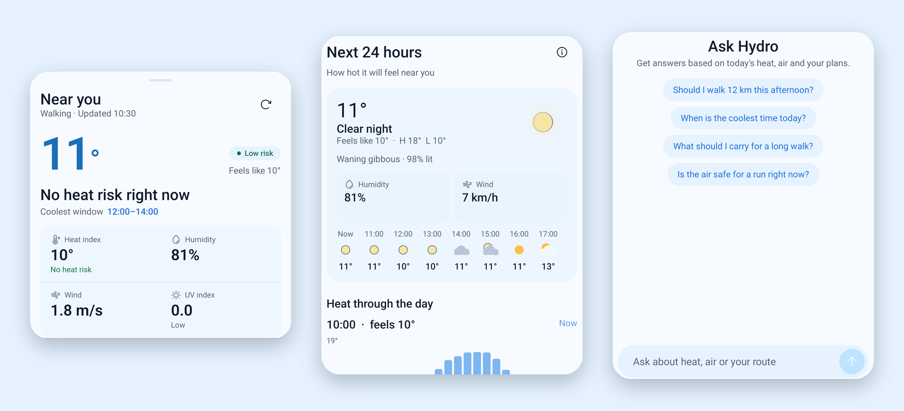 Hydro on a phone: today's conditions, the next 24 hours, and the Ask screen